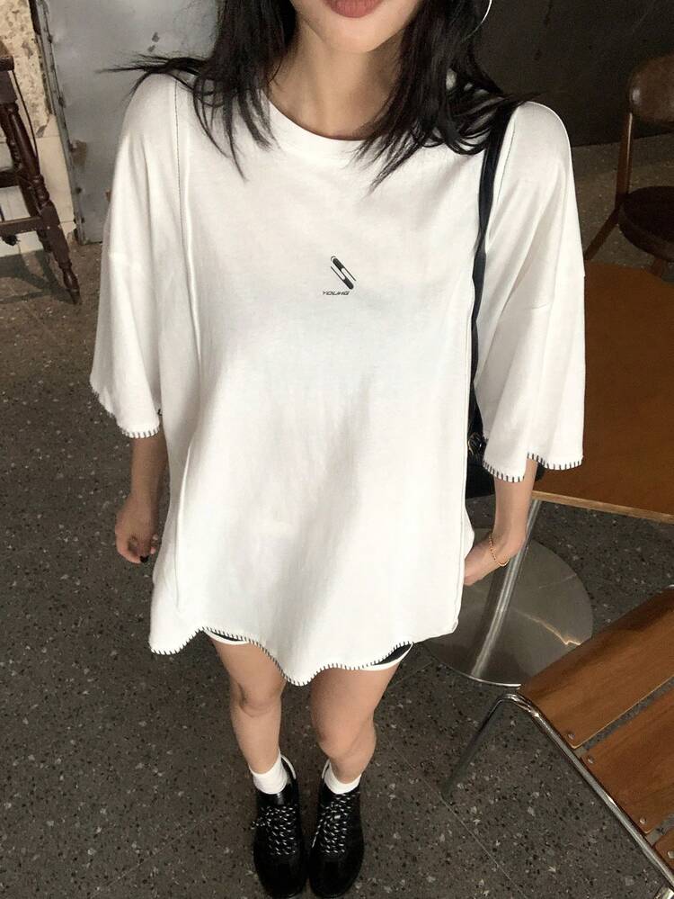 Women's Round Neck Korean Style Letter Print Short Sleeve T-Shirt