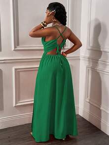 Glyssa Women's Sexy Spaghetti Strap Backless Criss-Cross Front Hollow U-Shaped Buckle Ruched Hem High Slit Dress - Green - View 2