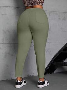Slaydiva Plus Size Women Elastic White Casual Skinny Jeans - Army Green - View 2
