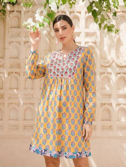 LOTSLUV 女士复古印花V领宽松长袖短款棉质连衣裙，黄/红/蓝，春夏款，休闲连衣裙，夏季连衣裙，短款连衣裙，夏季连衣裙，节日连衣裙，度假连衣裙，黄色连衣裙，束腰连衣裙，女士束腰上衣，春季女装，女士库尔塔，女士图案连衣裙