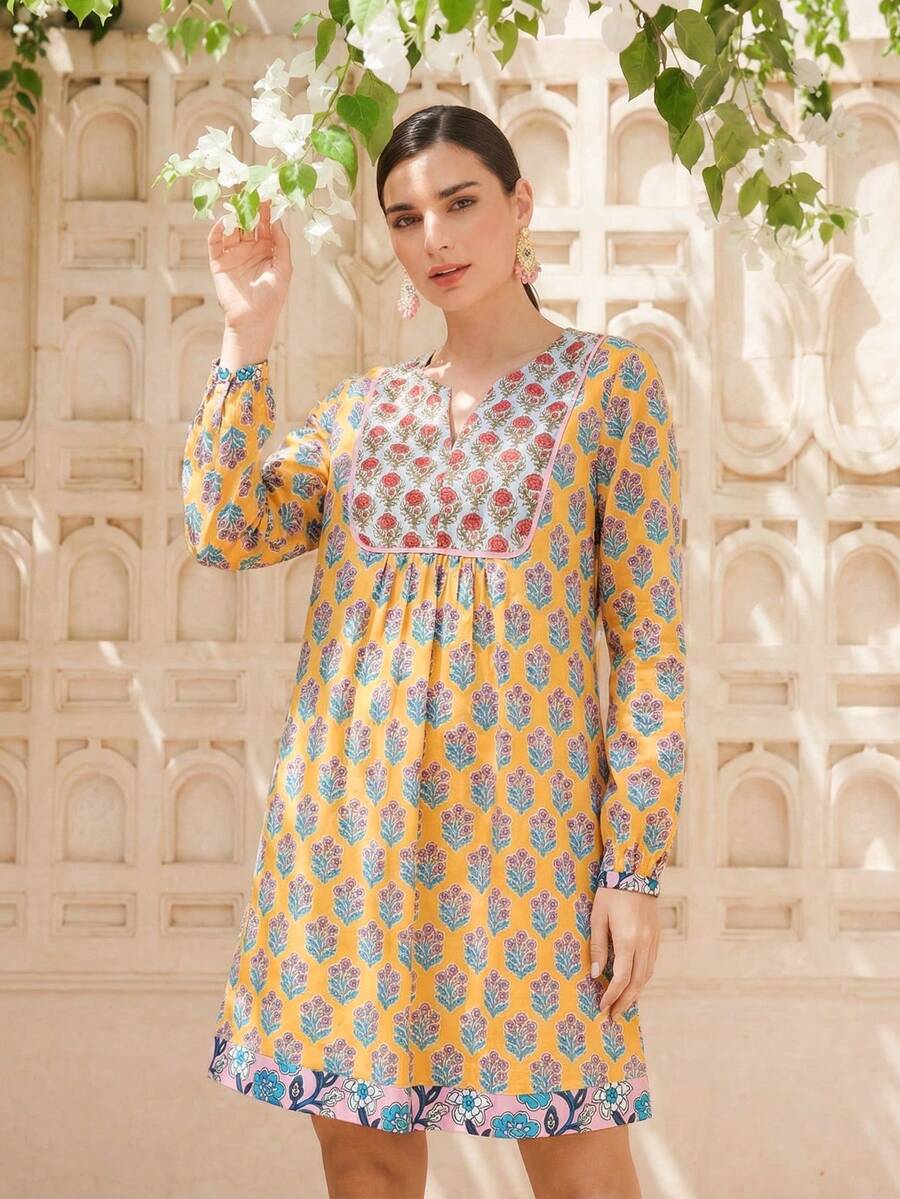 LOTSLUV 女士复古印花V领宽松长袖短款棉质连衣裙，黄/红/蓝，春夏款，休闲连衣裙，夏季连衣裙，短款连衣裙，夏季连衣裙，节日连衣裙，度假连衣裙，黄色连衣裙，束腰连衣裙，女士束腰上衣，春季女装，女士库尔塔，女士图案连衣裙 - 黃色 - 查看 1