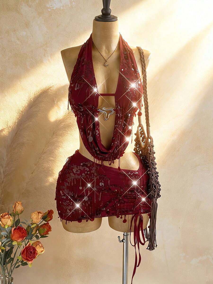 Soleia Set de 2 piezas con blusa de punto con hebilla de metal en el cuello + falda plisada, adecuado para el té de la tarde, la playa, festivales de música y otras ocasiones - Burdeos - Ver 1