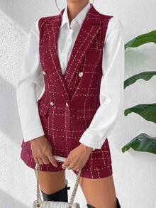 SHEIN 优雅格纹背心和短裤套装，通勤必备。 - 紅色 - 查看 4