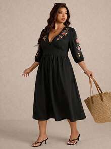 Elaquor 新款秋季加大码浪漫优雅休闲度假刺绣V领中长连衣裙（女款） - 黑色 - 查看 7