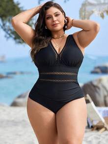 Swim Lushoire Plus Size Women's Solid One-Piece Swimsuit With Hollow Front, Waist Gathering, Suitable For Summer Beach Vacation - Black - View 5