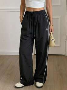 DAZY Women's Side Striped Drawstring Waist Long Pants Y2k - Black - View 11
