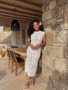 BamGleam Women's Casual Daily Wear Hollow Lace Design Long Blouse - White - View 7