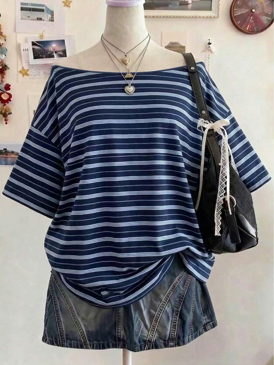 女士船领落肩短袖条纹休闲宽松夏季T恤 - 黑色 - 查看 1