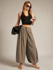 Hauture Women Oversized Loose Fit Wrap Front Irregular Split Balloon Pants High Waist Wide Leg Baggy Draped Culottes Casual Relaxed Fit Office Trousers - Khaki - View 6