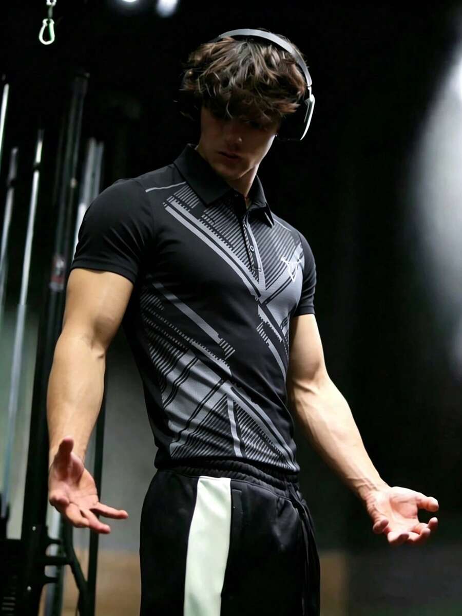 GymBeat 男士對比色印花短袖運動 POLO 衫,健身房適用 - 黑色 - 查看 1