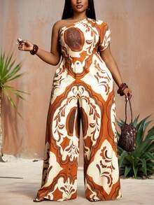 Veslaya 大码女式休闲印花阔腿连体裤 - 橘色 - 查看 1