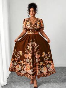 Elenzga 大码女式时尚百搭泰国马尔代夫海滩度假波西米亚印花收腰V领喇叭袖连衣裙，春夏款 - 棕色 - 查看 4