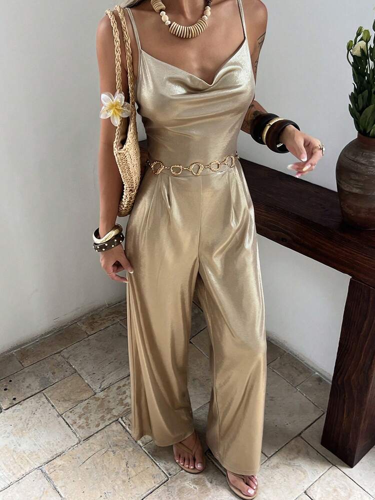 Gold Spaghetti Strap Waist Cinching Jumpsuit For Women, Vacation