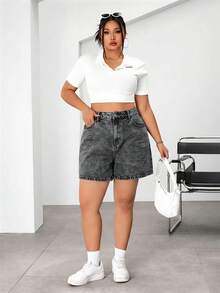 SHEIN EZwear 大码女式高腰口袋休闲百搭牛仔短裤 - 灰色 - 查看 5