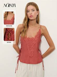 Nöista Terracotta Top With Ornate Lace Trim Along The Neckline And Center Panel. Adjustable Side Tie Details With Customizable Fit. Perfect For Date Nights, Spring, Summer, Holiday Vacation Look. - Coral Orange - View 3