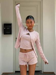 Muchica Light Pink Striped Knit 2 Pieces Set For Women - Baby Pink - View 7