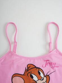 TOM & JERRY X SHEIN Bộ đồ ngủ nữ in hình hoạt hình gồm áo hai dây và quần short thời trang, đồ mặc nhà. - Hồng - Xem 3