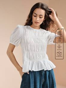 Arave Blusa de mujer con diseño de volantes, cintura ajustada y mangas farol de tela texturizada de tencel. Blusa elegante y casual para uso diario, en color blanco, con mangas abullonadas. Blusas de verano para mujer, atuendos de trabajo - Blanco - Ver 2