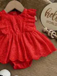 Newborn Baby Girl Cute Vacation Casual White Embroidered Floral Ruffle Romper - Red - View 9