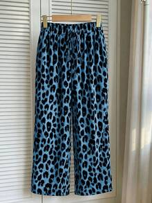 SHEIN Frenchy Celana Panjang Wanita Ukuran Besar Gaya Kasual Modis untuk Liburan Jalanan Motif Leopard dengan Tali Serut di Pinggang, Model Longgar dan Lebar untuk Musim Gugur - Biru - View 7