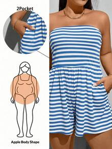 SHEIN Essnce Áo liền quần cỡ lớn dành cho nữ, áo liền quần kẻ sọc, quần áo cỡ lớn rộng rãi và thoải mái, vải co giãn cao và thoải mái, áo liền quần không dây, trang phục mùa hè. - Màu xanh nhạt - Xem 1