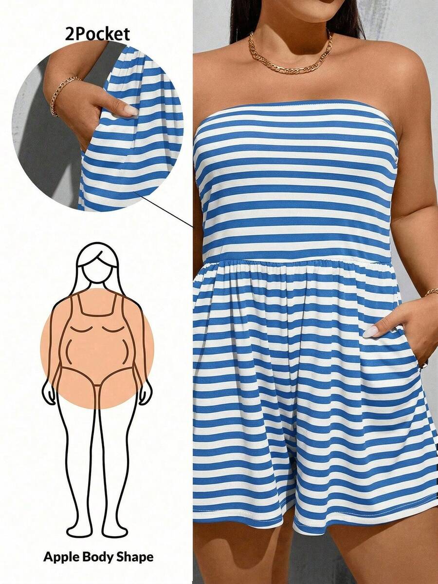 SHEIN Essnce Áo liền quần cỡ lớn dành cho nữ, áo liền quần kẻ sọc, quần áo cỡ lớn rộng rãi và thoải mái, vải co giãn cao và thoải mái, áo liền quần không dây, trang phục mùa hè. - Màu xanh nhạt - Xem 1