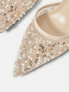 CUCCOO HITCHD 女士花卉图案优雅派对高跟凉鞋，适合圣诞节穿着 - 1杏色 - 查看 4