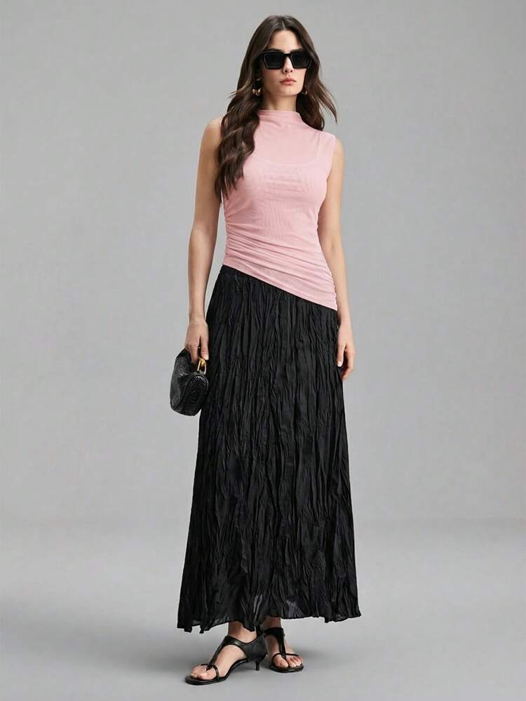 2026 New Graduation Outfit, Music Festival, Concert, Country Music Festival, Women's Music Concert Outfit, Four-Way Stretch Mesh, Elegant Asymmetric Asymmetrical Hem Oblique Collar Sleeveless Women's T-Shirt, Women's Top, Four-Way Stretch Knit Mesh Material, All-Season Versatile Casual Wear, Business Casual Office Wear, Low-Key Vintage Vibe, High-Quality Urban Commute, High-End Airport Fashion, Premium Material