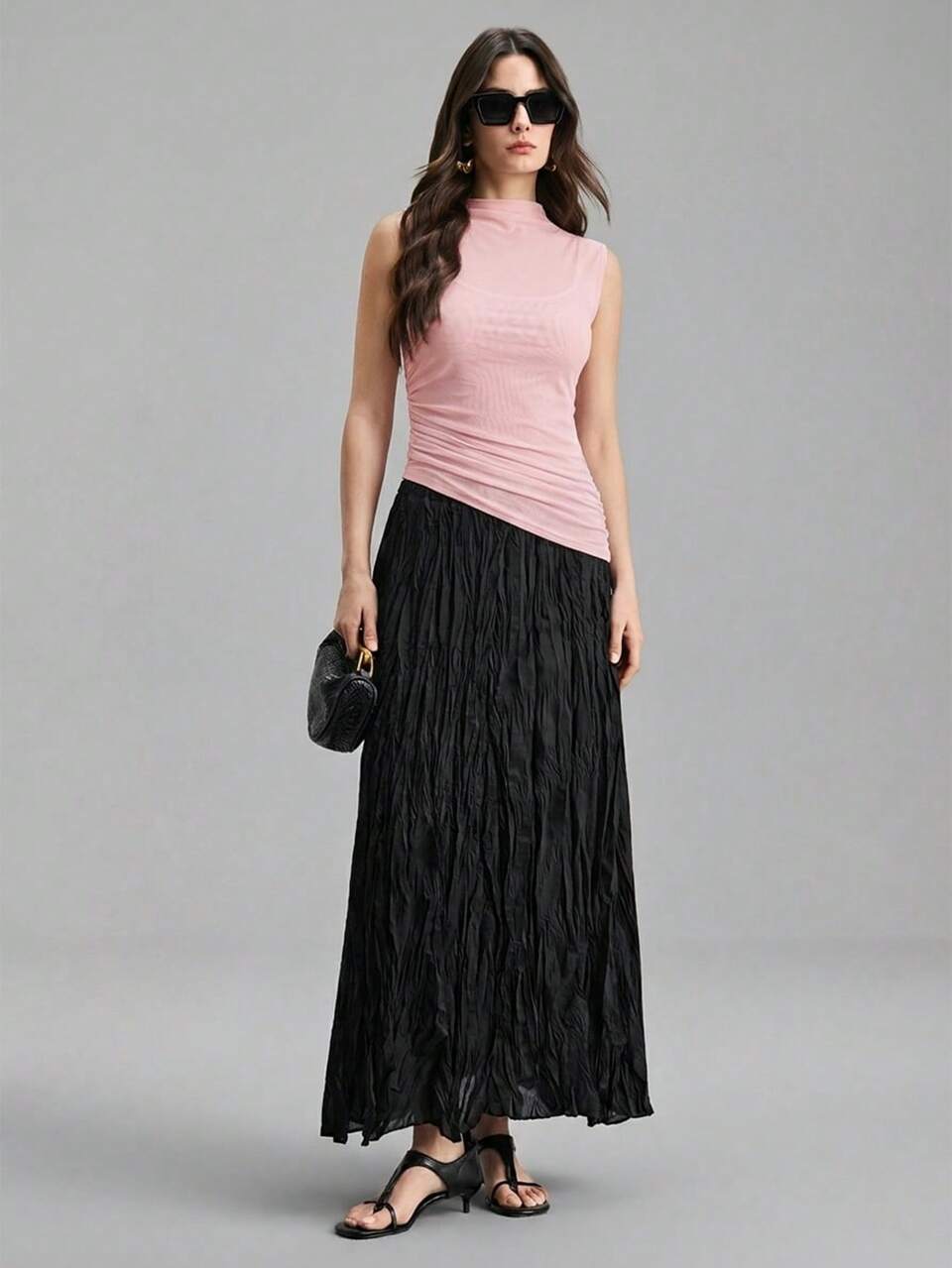 Baby Pink Summer Elegant Sexy Party Date Night Women's Sleeveless T-Shirt,Four-Way Stretch Mesh Asymmetric Hem Oblique Collar Top,Business Casual