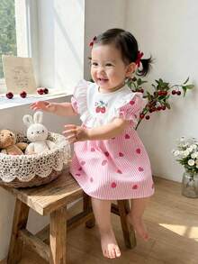 SHEIN Newly Born Baby Girl Light Pink Summer Cute Birthday White Lace Bubble Short Sleeved Dress Gold Rose Pattern Abaya Arabic Baby Clothing Party Gown - Pink - View 8