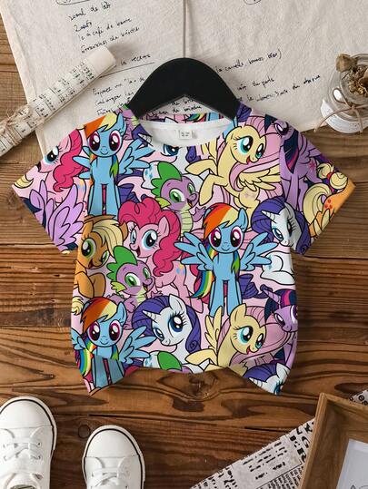 My Little Pony X SHEIN Cartoon Print Round Neck Casual Short Sleeve T-Shirt For Young Girls, Summer
