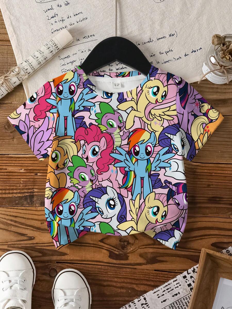 My Little Pony X SHEIN Camiseta de manga corta de cuello redondo casual con estampado de dibujos animados para niñas jóvenes, verano - Blanco - Ver 1