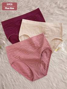 SHEIN 3 pièces Sous-vêtements pour femmes grande taille, confortables et extensibles, à taille haute, avec rayures zébrées sans couture et couvrance intégrale, rehaussant les fesses. Sous-vêtements grande taille pour femmes, culotte moulante et confortable. - Multicolore - Voir 9