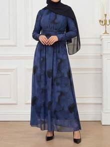 Calvaya Women's Elegant Tie Dye Print Mesh Elastic Waist Ruched Flared Hem Long Sleeve Dress - Navy Blue - View 5