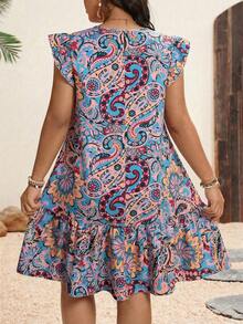 SHEIN Holidaya 大码女式夏季沙滩度假佩斯利印花荷叶边宽松连衣裙 - 彩色 - 查看 2