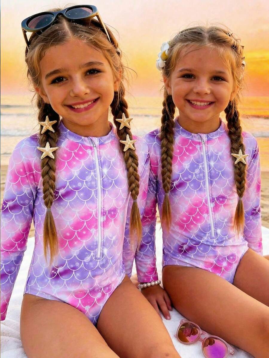 SHEIN 少女休闲简约圆领长袖连体泳衣，霓虹爱心印花连体泳衣，夏季款 - 粉色 - 查看 1