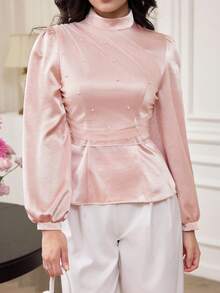 Graceveil Áo kiểu nữ cổ đứng tay phồng phối lưới màu hồng thanh lịch - Hồng - Xem 5