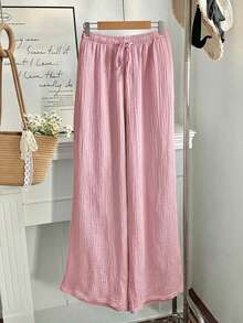 Comfortcana Pantalones casuales de talla grande para mujer con textura de unicolor y cintura con cordón - Rosa vieja - Ver 8