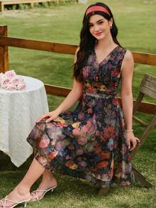 Vestido de mujer elegante vintage, vestido de verano/primavera con ajuste, estampado floral y cuello en V sin mangas, vestido con dobladillo de paraguas floral rosa - Negro - Ver 2