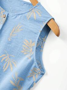 SHEIN LUNE 女士夏季沙滩度假印花无袖系带单排扣连衣裙 - 天藍色 - 查看 8