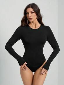 SHEIN Tall Solid Color Long Sleeve Slim Fit Black Bodysuit - Black - View 7