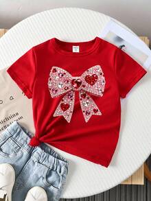 Elladie kids Young Girl Red Summer Satin First Birthday T-Shirt,Shiny Bow Graphic Print Short Sleeve Tee,Casual Fashionable Creative Fresh Comfortable Daily Wear - Hot Pink - View 4