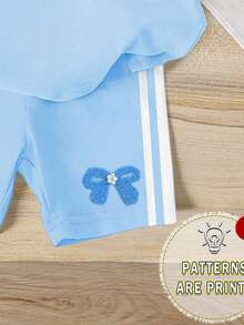 Bộ áo và quần short giả nơ màu xanh dương cho bé gái, trang phục thường ngày mùa hè cho trẻ em, quần short đạp xe kẻ sọc tương phản kiểu thể thao. - Nhiều màu - Xem 7