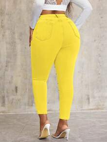 SHEIN SXY Plus Size Pearl Decor Stretchy Blue Denim Skinny Pants - Yellow - View 2