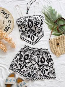 Soleia 女士度假植物印花不对称下摆抹胸上衣和短裤两件套 - 彩色 - 查看 3