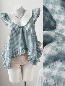 Sweetra Summer New Pink Plaid Asymmetrical Ruffle Design Fashionable Sleeveless Camisole - Baby Blue - View 1