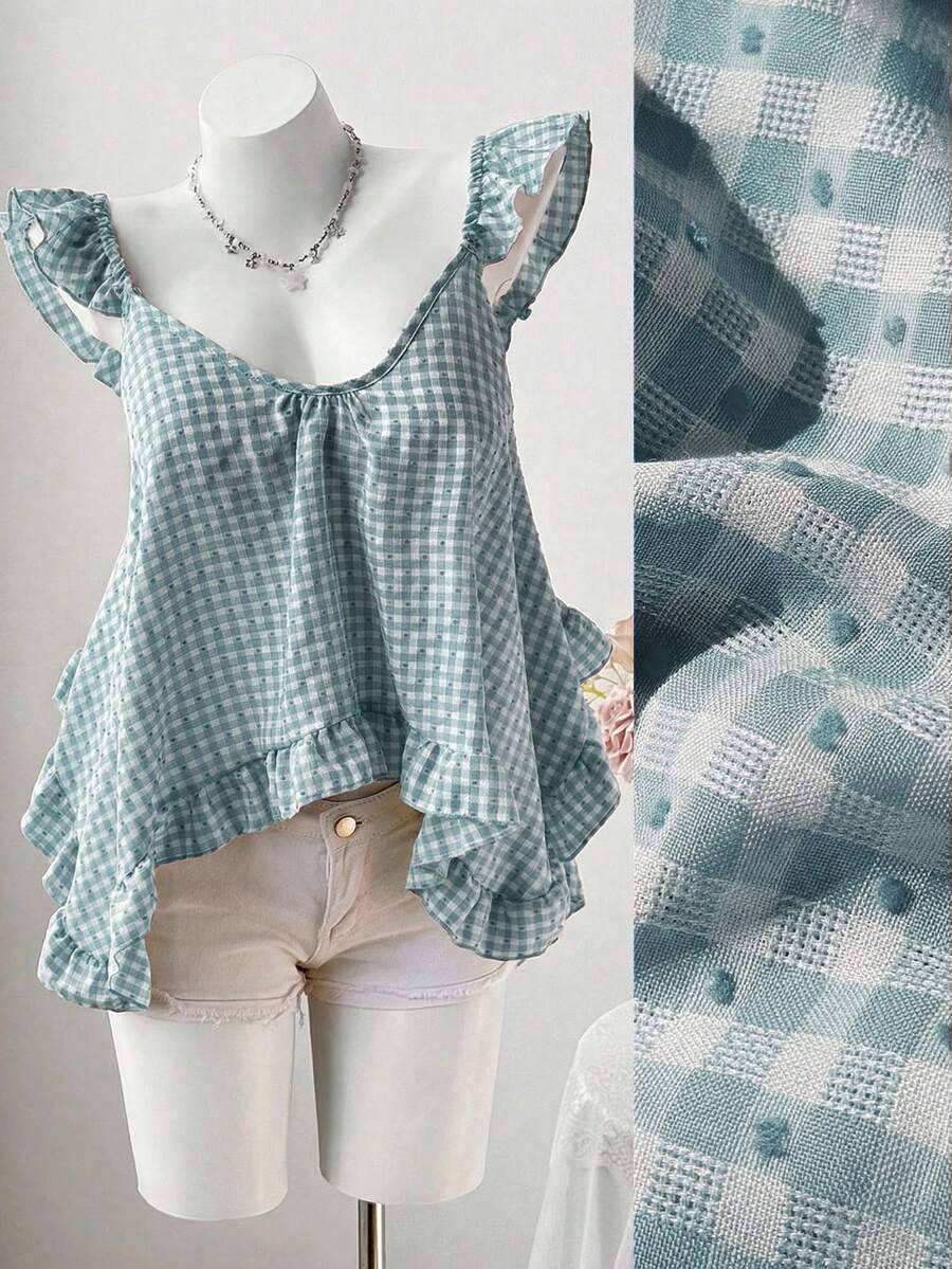 Sweetra Summer New Pink Plaid Asymmetrical Ruffle Design Fashionable Sleeveless Camisole - Baby Blue - View 1