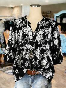 Linhara 大码女式印花V领泡泡袖休闲衬衫，情人节款 - 黑與白 - 查看 1