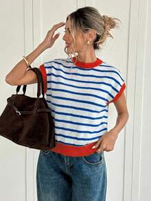 Siren Gaze Women's Striped Round Neck Contrast Color Patchwork Fashionable Versatile Knit Top, Suitable For Daily Commute - Multicolor - View 4
