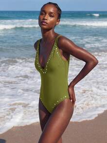 Maija Women's Beaded Embellished One-Piece Swimsuit For Beach Vacation Summer - Green - View 4